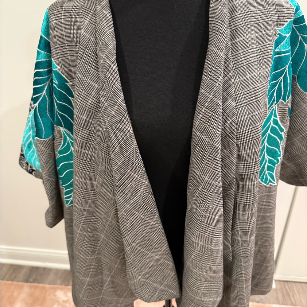 Stunning Plaid plus size Kimono with embroidered Teal Leaf Accents